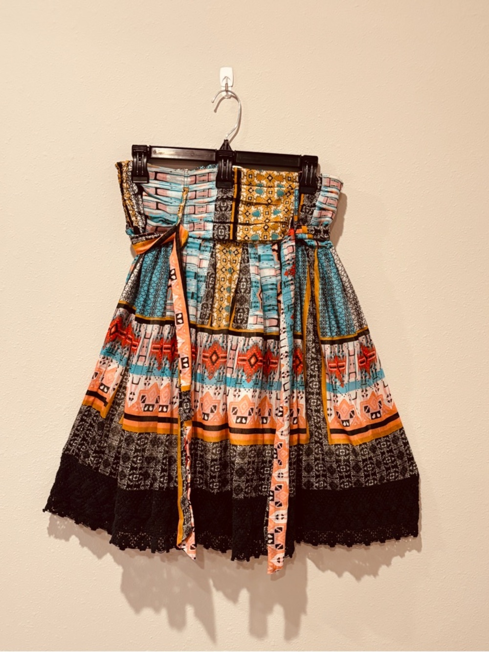 Strapless Dress or A-line Midi Skirt SZ M Smocked Band Aztec Floral Lace Crochet